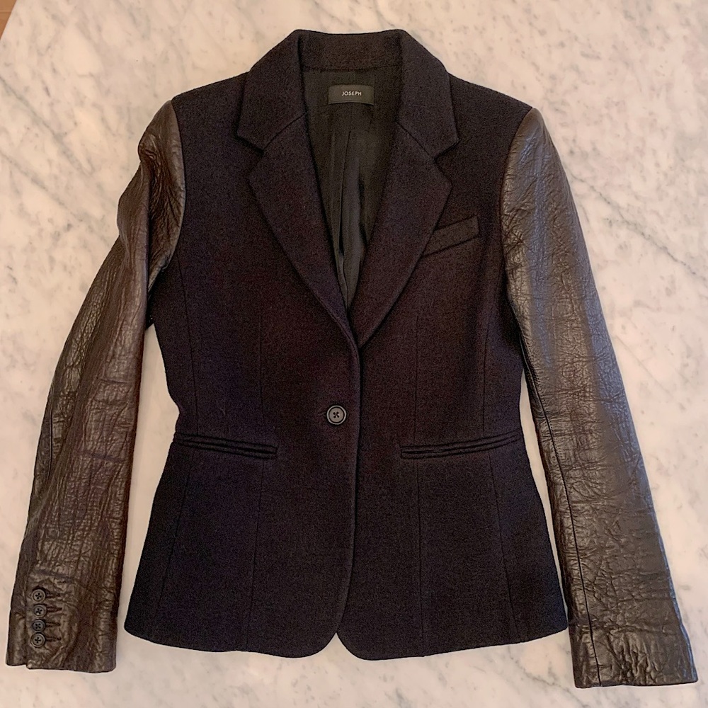 Joseph black felted wool blazer with brown leather sleeves size 38